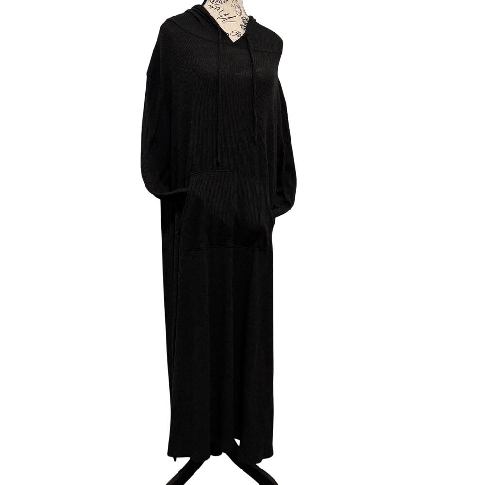 Joyspun Womens XL Hooded Maxi Dress Black Waffle Ribbed Long Sleeve Lounger
